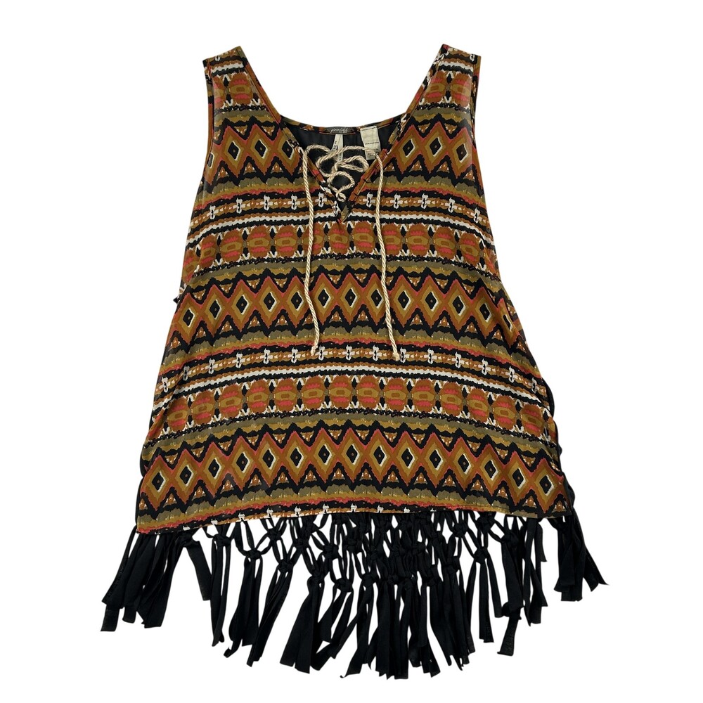 Gimmicks By BKE Tank Top Womens Medium Hi Low Fringe Hem Lace Up Tunic Boho